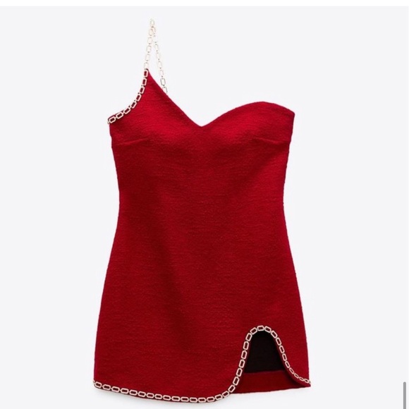 ZARA Chain Trimmed Asymmetric Dress Burgundy - Picture 8 of 16